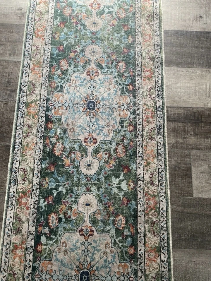 Per'sian Medallion Runner Rug 2.5 X 14.5 Floral Green Vintage Hallway - Image 2 of 4