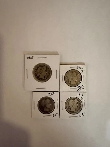 Silver Barber Quarters (Lot of 4) 1915 1914-D 1907 1915-D