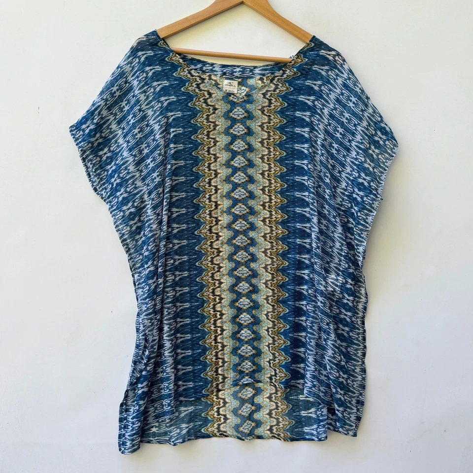 NEW O'Neill Womens Medium Blue Patterned Swim Cover Up Boho Sheer Kaftan Dress - Image 2 of 4