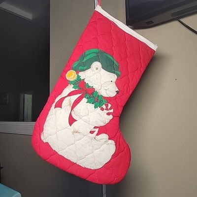 Vtg Handmade Polar Bear & Candy Cane Christmas Stocking Quilted Double Sided 16''