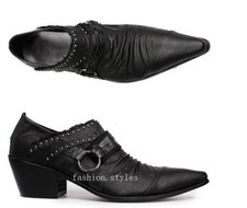 Mens Cowboy Cuban Heel Pointy Toe Black Leather Motor Formal SHoes Rivet Brogues