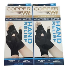 Lot of 2 Copper Fit Hand Relief Compression Gloves S/M - Arthritis / Hand Pain