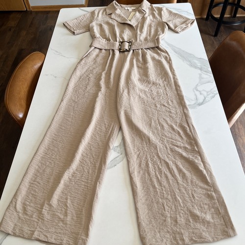Monteau Jumpsuit Womens Medium Short Sleeve Belted Pockets Tan Wide Leg V Neck