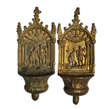 Coppia Acquasantiere Vintage in Metallo Dorato - Scena Battesimo di Gesù - 20cm