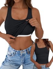 Built in Bra Tank Tops for Women Sleeveless O Neck Rib Shirt Black M