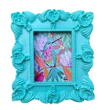 Floral Hummingbird watercolor mini art print in vintage style ornate frame