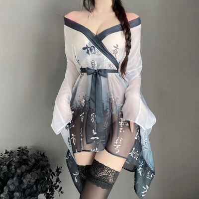 Women Chinese Style Sexy Lingerie Sheer Chiffon Mesh Kimono Yukata Robe Bathrobe