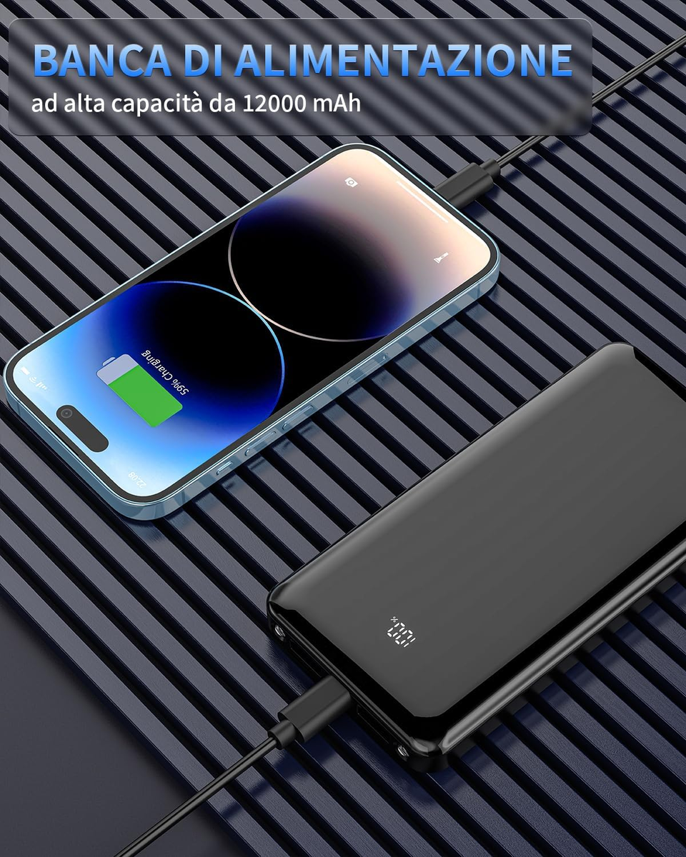 Power Bank 12000mAh Con Display LED – Ricarica Rapida 15W USB-C, 3 Uscite – Design Compatto Bianco - 2