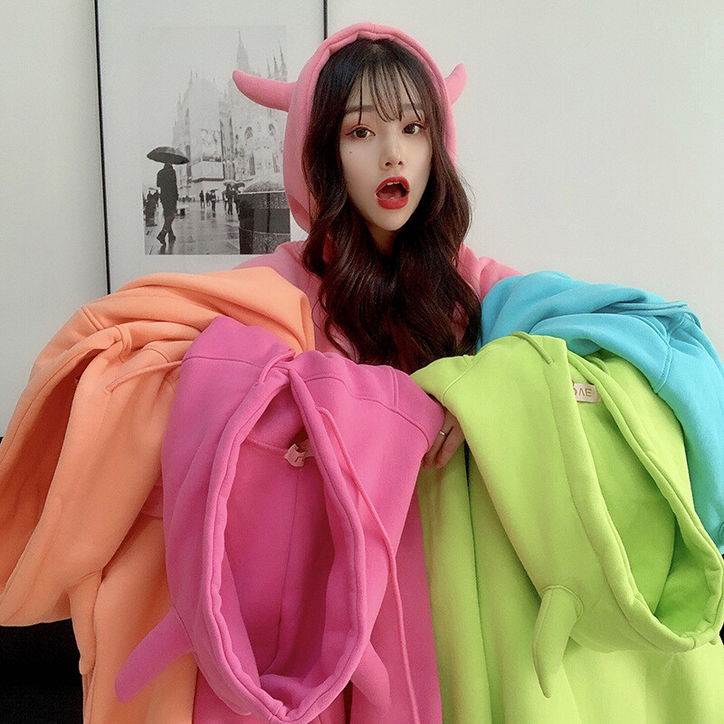 Kawaii Clothing Horns Demon Hoodie Sweatshirt Harajuku Japan Korea Cute  Sweater