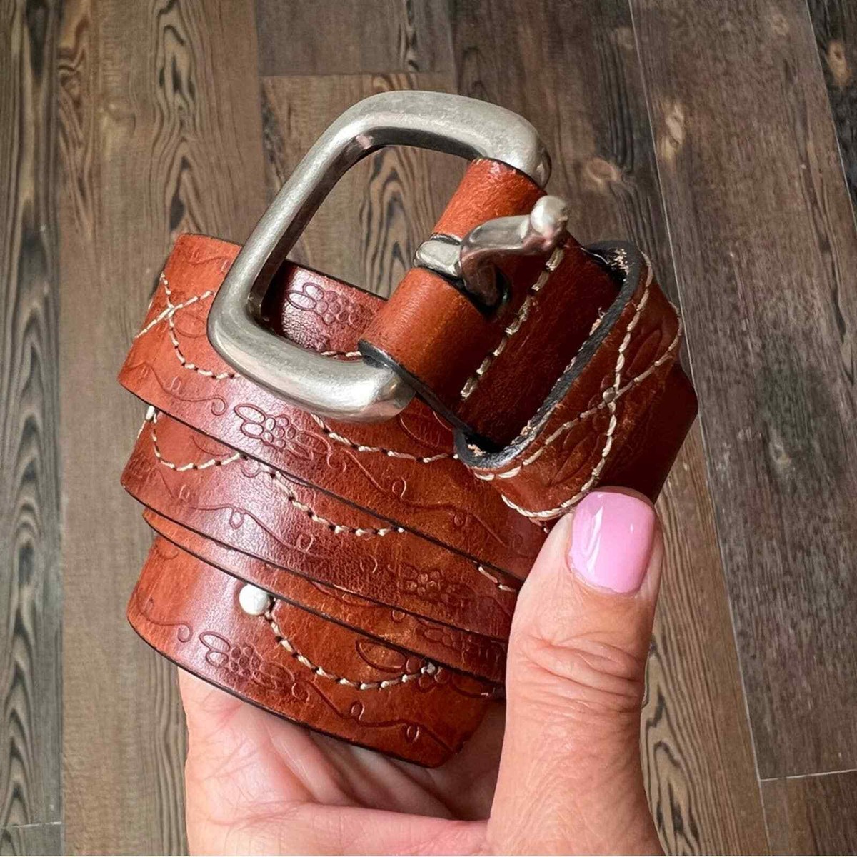 Vintage genuine leather brown belt stitches silver tone buckle size small Slick City Brown Belt | Full Grain Leather Dress Belt  main image 3