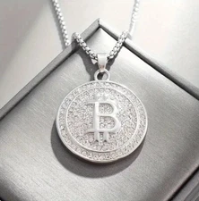Iced CZ Silver Plated Bling Round Bitcoin Pendant + 24" Chain Necklace