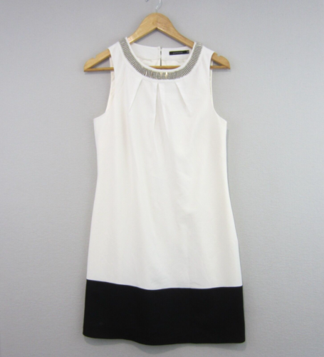Portmans Womens Dress Size 10 White Black Straight Shift Beaded Short Sleeveless - Picture 1 of 14