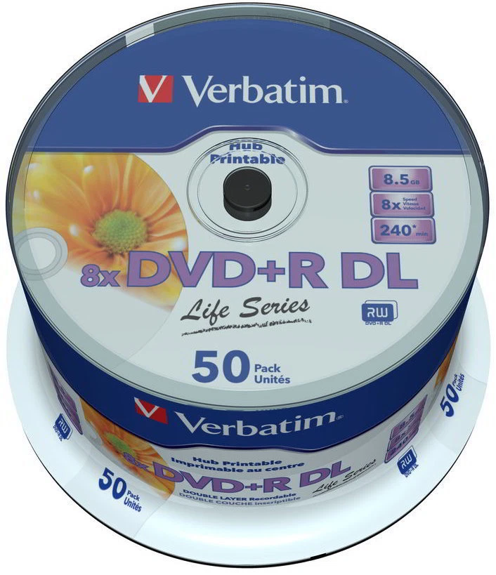 50 Verbatim Rohlinge DVD+R DL full printable Life Series 8,5GB 8x Spindel