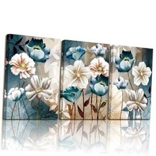 3 Piece Lotus Flower Canvas Wall Art 16L" x 12W" White and Indigo Blue Lotus