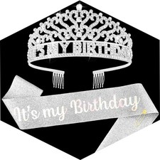 Silver Its My Birthday Sash and Crown for Women Girls Birthday Accessories fo...