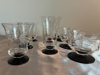 Vintage Weston Glasses (8) Etched Floral w/ Black Foot/Base: 3 Sizes (see notes)