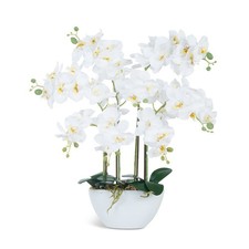 Artificial Orchid Flowers & Plants Potted in Ceramic Pot, White Faux Phalaeno...