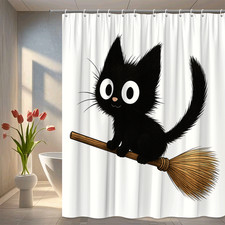Cute Black Cat Witch Shower Curtain for Halloween Decor