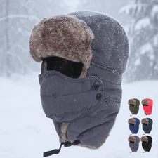 Winter Thermal Fur Lined Aviator Hat with Ear Flap Full Face Cover for Men Women
