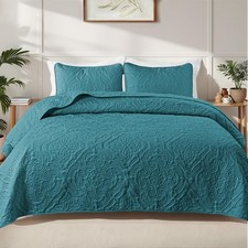 Quilts Queen Size Bedding Set with 2 Pillow Shams, Lightweight Dusty Teal Ful...
