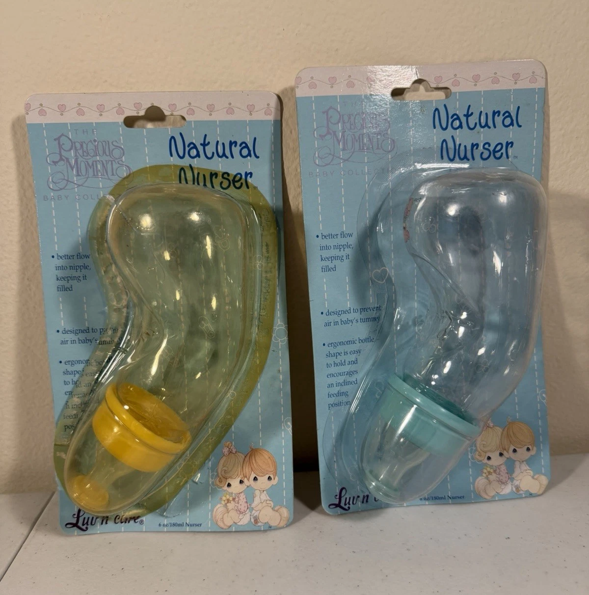 Vintage 1999 Precious Moments Natural Nurser 6oz Plastic Baby Bottle Yellow Blue