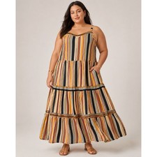 LOFT Plus Maxi Dress Womens 16 Orange Striped Tiered Sleeveless Boho Seersucker