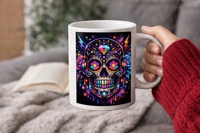 Colorful Sugar Skull Mug   Day of the Dead Art Coffee Cup   Gothic Neon Skull
