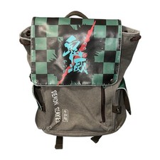 Demon Slayer Tanjiro Backpack Anime Green Checkered School Bag Cosplay Pockets