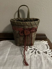 Wall Basket With Deep Red Stripe Heart And Bow