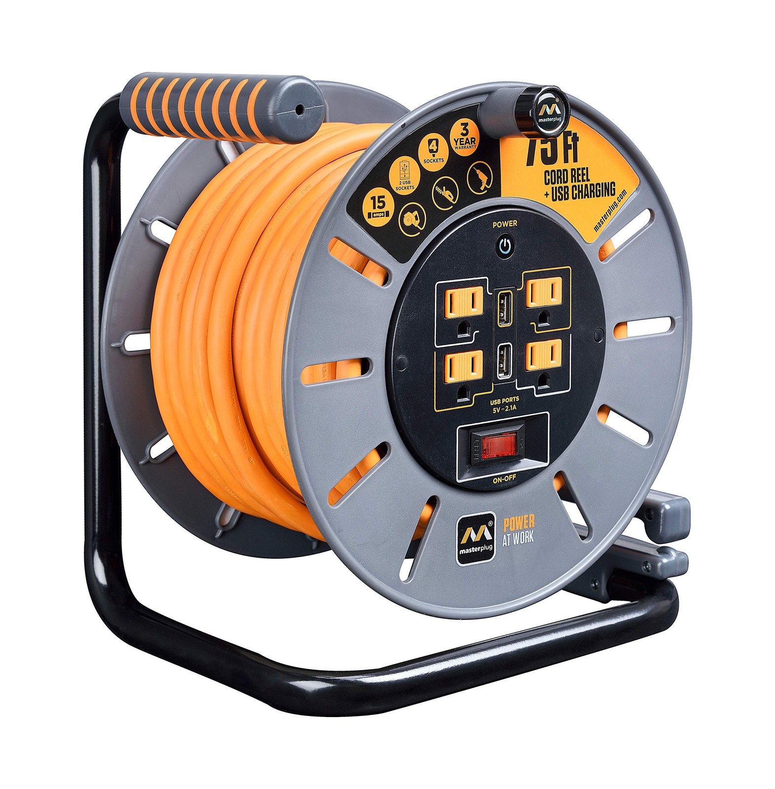 Masterplug 75ft Cord Reel, Retractable Extension Lead with W