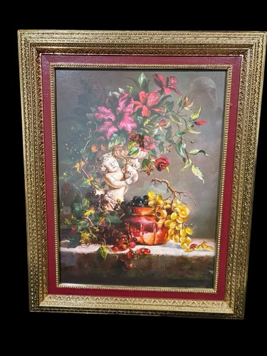 VTG HOMCO HOME INTERIORS VICTORIAN CHERUB PICTURE BURGANDY GOLD ORNATE FRAME