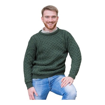 Herren Aran Sweater Pine Green 100% Merinowolle Strick Irish Tradition Pullover