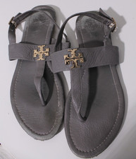 Tory Burch Sandals Womens 11 42 Gray Leather T Strap Comfort Casual Slip On