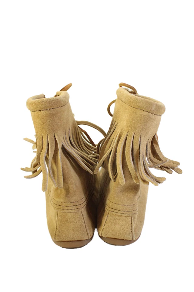 Minnetonka Womens Suede Fringe Trim Ankle Moccasin Boots Beige Size 9 - Image 3 of 4
