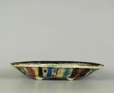 Japanese Bonsai pot ECHIZEN BUNZAN sign IROE Colorful stripes Oval w10.2" *13 8