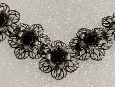 Vintage Victor Jansen  Necklace floral silver toned with black stones marked VJ