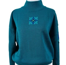 Vintage 90s Ski Pullover Sweater Womens L Wool Blend  Teal Mock Neck Cabincore