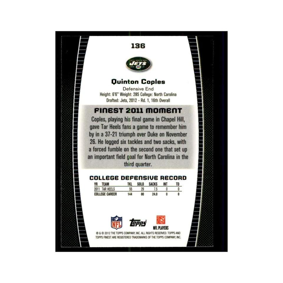 Quinton Coples Rookie 2012 Topps Finest #136 New York Jets Football Card NM - Image 2 of 3
