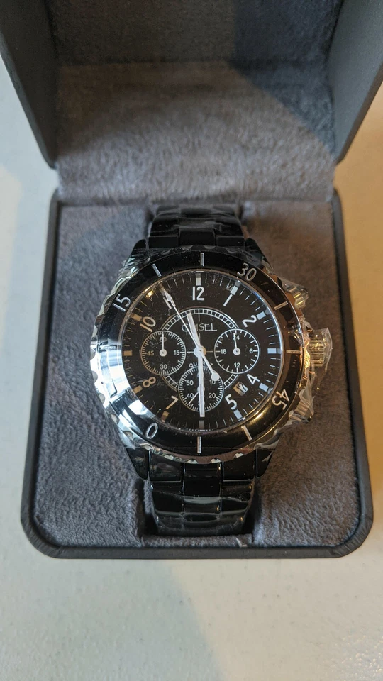 Reloj cronógrafo esfera negra cincel con fecha cerámica para hombre TPW5 Foto 3 de 4
