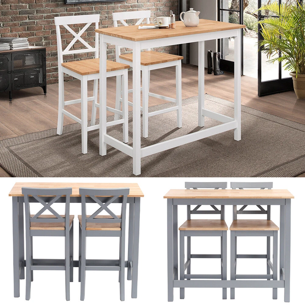 3 Piece Pine Wood High Dining Table Set 2 Stools Chairs Seat