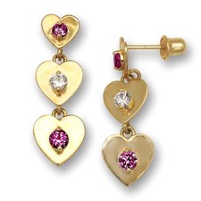 14K Yellow Gold Triple Heart Dangle Screw Back Earrings for Women