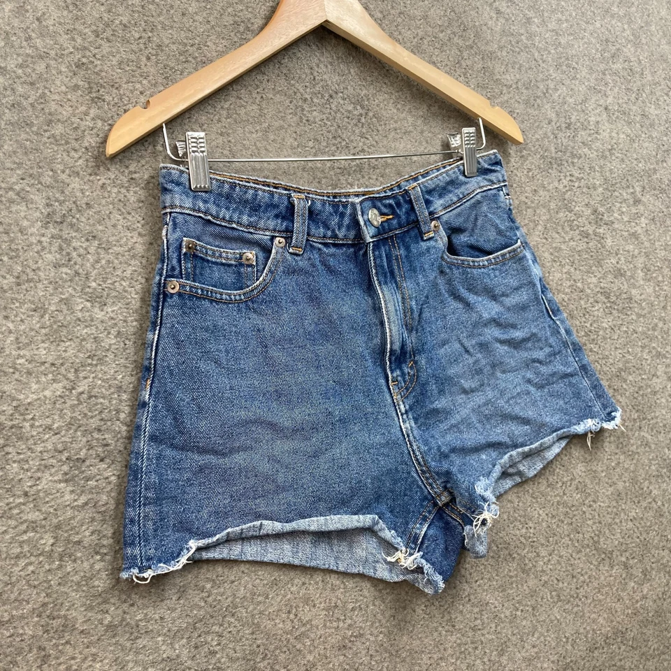 Monki Denim Shorts Womens 10 W28 Blue High Waist Frayed Hem Cotton Zip 50526 - Image 2 of 4