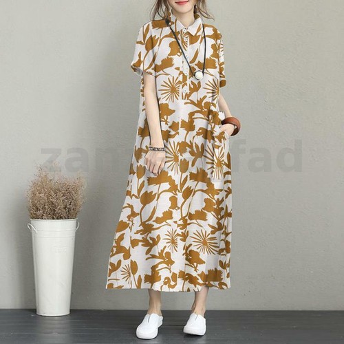 NEW UK Womens Summer Short Sleeve Baggy Floral Print Kaftan Midi Dress Plus Size - Picture 9 of 21
