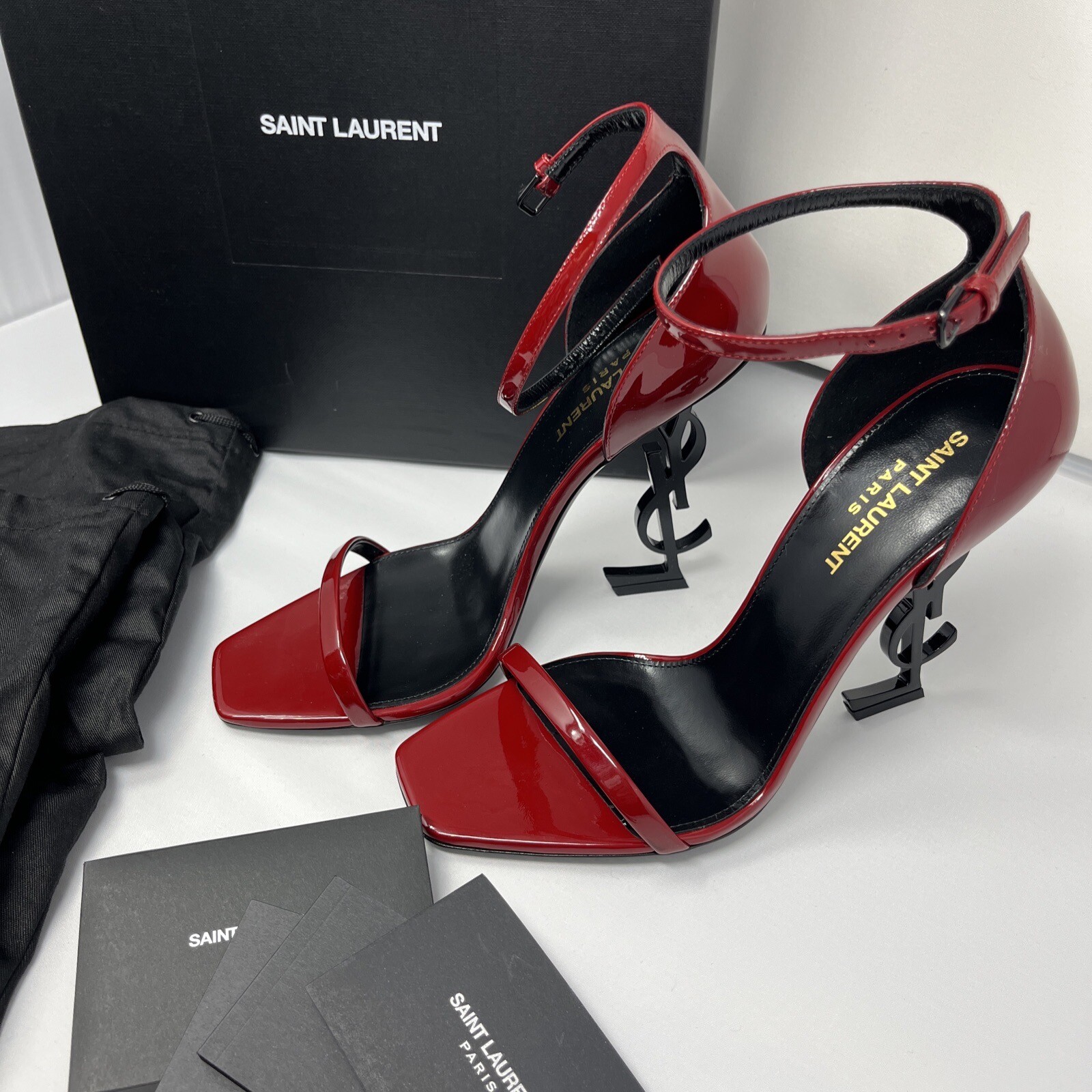 OPYUM YSL Saint Laurent sandalo rosso caldo cinturino pelle verniciata 38 EU 8 US NUOVO