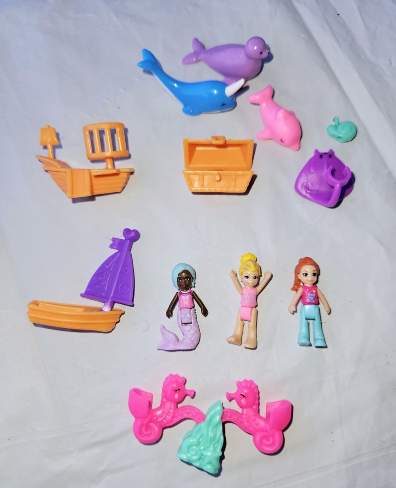Polly Pocket Rubber Dolls + 9 pcs Bubble Aquarium Playset Replacements Lot Of 12