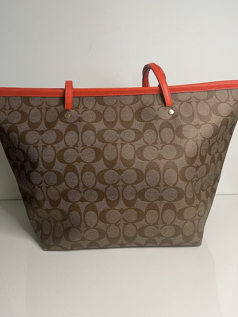 New COACH Signature Logo Zip Tote Khaki Tan Canvas Orange