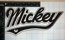 VINTAGE MICKEY MOUSE DISNEY CARTOON 10.75  IRON ON PATCH BLACK  SILVER SCRIPT