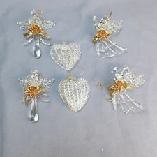 Set of 6 3" Angels & Hearts Christmas Tree Ornaments Clear Spun Glass Vintage