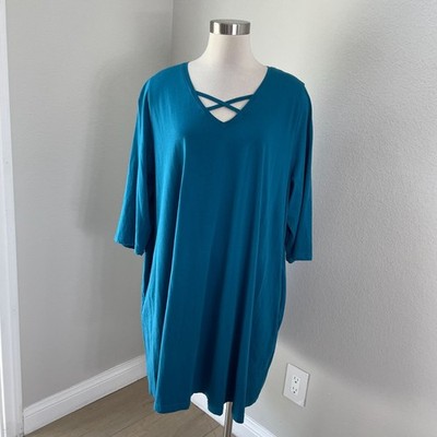 Ulla Popken Plus 20/22 Teal Tunic Dress Crisscross V Neckline Pockets 3/4 Sleeve