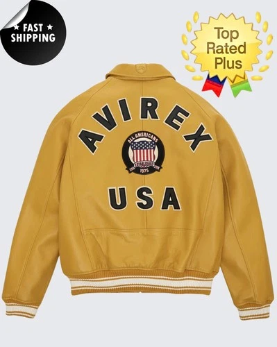 Mens Avirex Real Bomber American Flight Yellow Faux Leather Jacket. GIFT FOR HIM